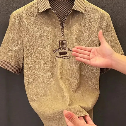 Ice Silk Embroidered  Shirt Men's Summer Short Sleeve Turn-down Collar Business Casual Fashion Brand T-shirt Breathable C...