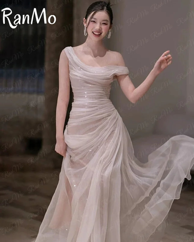Ranmo 2025 Modern Tulle Mermaid Wedding Party Dresses One Shoulder Pleat Prom Gown Floor-Length Customized Formal Party Dress