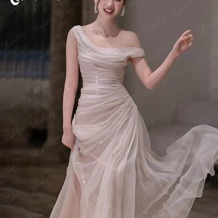 Ranmo 2025 Modern Tulle Mermaid Wedding Party Dresses One Shoulder Pleat Prom Gown Floor-Length Customized Formal Party Dress
