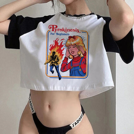 Crop Top Gothic Horror Y2k Aesthetic 90s Satan T Shirt Women Satanism Evil Demon Grim Death Tshirt Female Cropped T-shirt