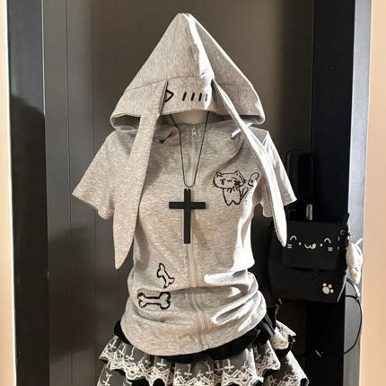 Harajuku Y2k Short SLeeve Hoodie Japanese Women Sweet Patchwork Rabbit Ears Top Casual Subculture Zipper Kawaii Spring Summer