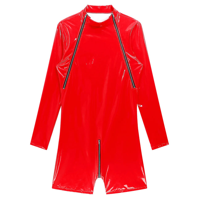 Men's Lingerie Zipper Crotch Long Sleeve Jumpsuit Wet Look Patent Leather Bodysuit Clubwear Pole Dance Performance Rave Costume