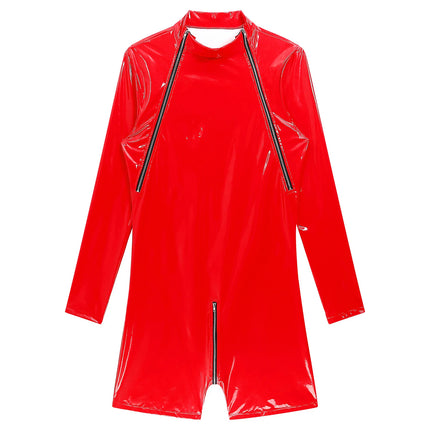 Mens Lingerie Zipper Crotch Long Sleeve Jumpsuit Wet Look Patent Leather Bodysuit Clubwear Pole Dance Performance Rave Costume
