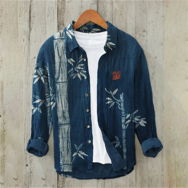 Men's Long Sleeve Shirt Japanese Fashion Art Bamboo Illustration High Quality Large Size Men's Clothing