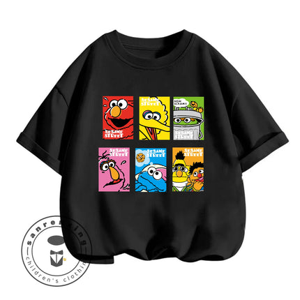 2026 Summer Cute Kawaii Sesame Street Crew Neck Tshirt 3-14Y Kids Boys Girls Cartoon Street Hot Fashion Outdoor Casual