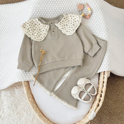 1-3 Years Toddler Girl 2Pcs Set Soft Ribbed Fabric Khaki Sweatshirt + Pant Daily Wear Casual Comfortable Outfit for Baby Girls