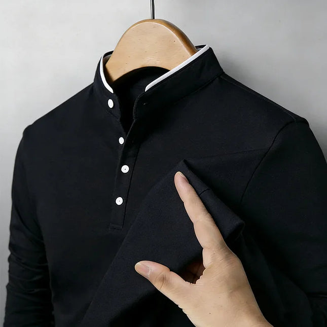 Fashion Men's Contrast Trim Mandarin Collar Polo Shirt Long Sleeve Breathable Casual Daily Wear Top