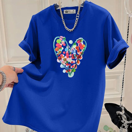 Summer Fashion Hand-Painted Polka Dot Printing T-shirts Women Pure Cotton O-neck Short Sleeve Top Tees Casual Loose Pullover