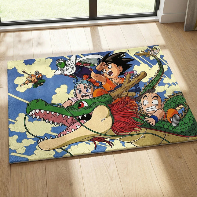 Vintage Dragon Ball Anime Rug: Goku, Bulma & Friends Riding Shenron Classic 90s Manga Themed Carpet for Bedroom & Fan Decor