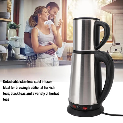 220V Electric Turkish Kettle Set 1L & 2L Stainless Steel Black Herbal Tea Maker Double Kettle Turkish Teapot for Home