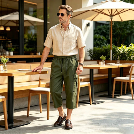 Men New Cargo Capri Pants Loose Fit Elastic Drawstring Waist Multi Pocket Outdoor Walking Holiday Summer Casual 7/8 Trousers