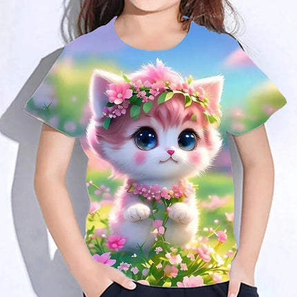 Children's Clothes 3d Print Kawaii Cat Pattern T Shirts Short Sleeve Tops 2024 Kids Clothing Girls Boys Clothes 2 To 8 Years