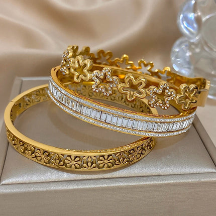 Retro Stainless Steel Hollow Flower Rhinestone Cuff Bangle Bracelet Women's Floral Waterproof Stackable Charms Jewelry Gifts