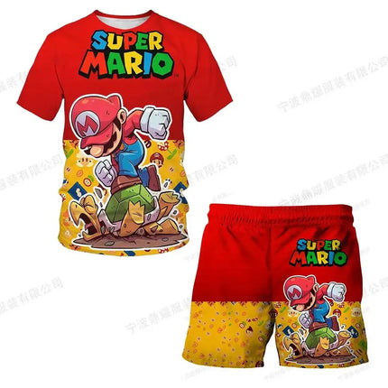 2026 Super Mario Boys 3D T-shirt Set Boys and Girls Cute Summer Top + Shorts Children's Short-Sleeve Birthday Gift Boys Clothes