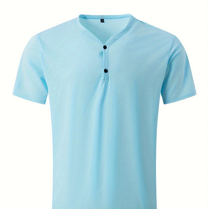 Men's polo shirt, solid color, V-neck, short-sleeved Henley T-shirt, casual button-down placket, everyday commuting base layer.