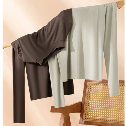 Women's Autumn Winter Thin Warm Set Long-Sleeved T-Shirt + Long Pants Plus Size Semi-Turtleneck Fitted Warm Underwear Sets