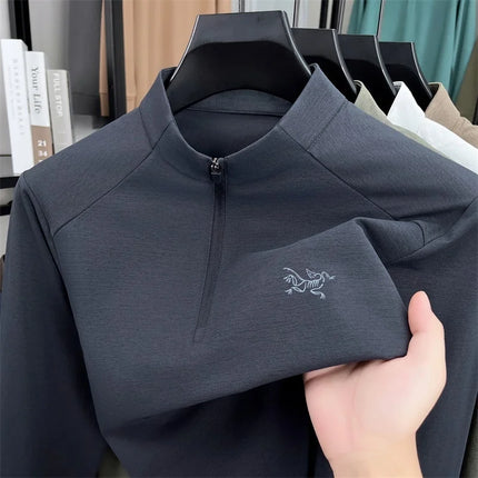Luxury Brand Men's Long-Sleeved T-Shirt Mock Neck Half-Zip Letter Embroidery Personality Retro Spring Tops Trend Hot Men's Clothing