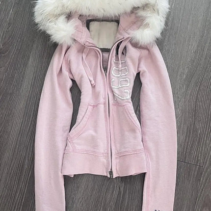 Winter Retro Pink Fur Hoodie Women's Y2K Harajuku Artificial Fur Collar Jacket Fashion Slimming Belt Hot Girl Sportswear