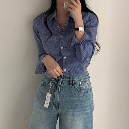 Spring High Waist Slim Fit Striped Shirt Women's Button up Polo Collar Cotton Polyester Blend Fashionable Korean Style
