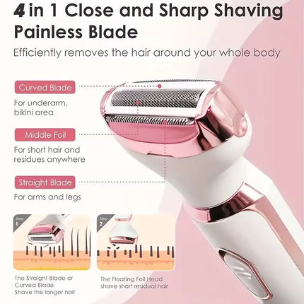 4-in-1 Rechargeable Electric Lady Shaver Set - 500mAh Portable Wet/Dry Trimmer for Face, Nose, Legs & Underarms
