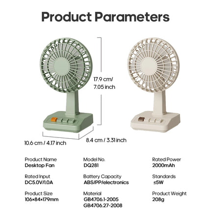 KINSCOTER Vintage Desktop Fan 2000mAh 90° tilt Adjustable Mini Rechargeable Fan 5 Gear Speed  for Home/Office/Student/Gift