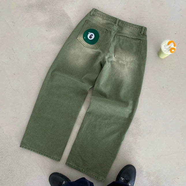 Y2K Retro Matcha Denim Jeans Washed Billiard Embroidered Denim Pants London Fashion New York Style Streetwear Unisex Baggy Jeans
