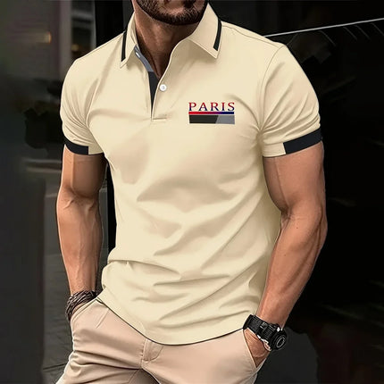 Parisian print short-sleeved polo shirt for men's casual style, multi-functional lapel shirt, summer street men's casual breatha