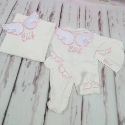 Personalized Name Baby Coming Home Outfit Angle Wing Infant Cotton Romper Onesie Blanket Pregnancy Embroidery Laurel Tree Gift