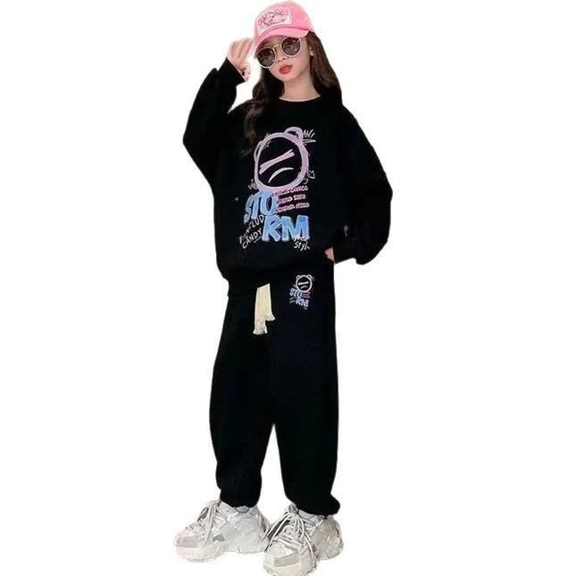 2025 autumn winter girl cloth bear letters loose velvet sweatshirt t shirt top + ankle tied pant teens child set 4 10 12 15 year