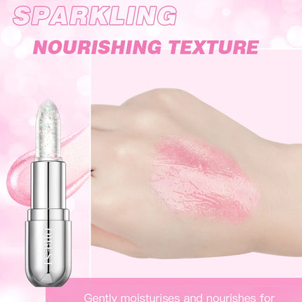QIBEST Glitter Lipstick Lip Balm Color Change Transparent Moisturizing Crystal Jelly Pearlescent Lip Plumper Gloss Tint Cosmetic