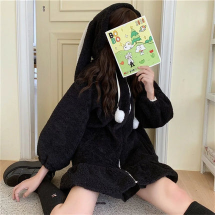 Winter Hoodies Warm Kawaii Rabbit Ears Women Sweatshirt Girl Lolita Hooded Zip-up Casual Sweatshirts Harajuku Hoodie Long Sleeve