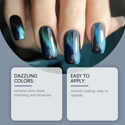 Blue-Black Cat Eye Nail Polish - Gentle Water-Based Formula, Long-Lasting Chip-Resistant, Quick-Drying,Transparent Jelly Shimmer