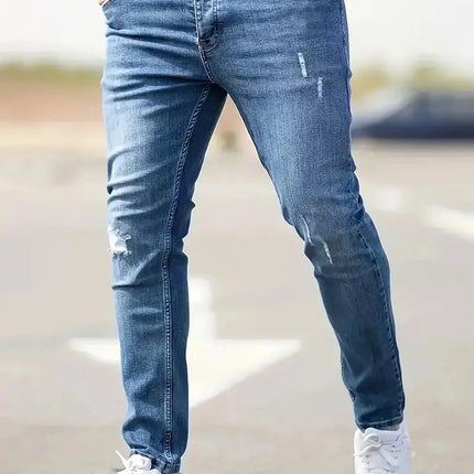 2026 New Fashion Men's Skinny Ripped Jeans Mid Waist Stretch Denim Pants Male's Slim Trousers with Pocket Casual Soft Streetwear