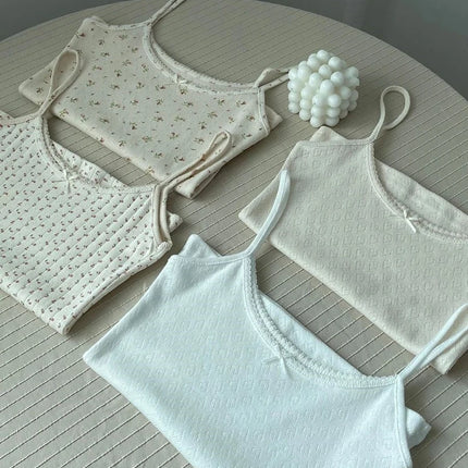 Sweet Floral Print Eyelet Bow Cropped Vests Women Cotton Casual Slim Lace Trim Tank Tops Vintage Preppy Style Cute Camisole Y2K