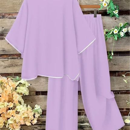 Plus Size Women Casual Fashion Set Loose Comfortable Open Split Half Sleeve Top Wide Pants Long Pant Two Piece Outfit Pajama Set