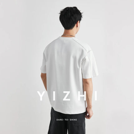 Men's Heavyweight 240g Stitch Trim Split Short Sleeve T-shirt 2026 Summer Crew Neck Loose Drop Shoulder Casual Versatile Top