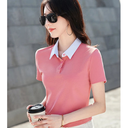 Summer New Cotton Polo Shirt Solid Color Polo Neck Short Sleeve High Waist Short Style Slim Fit Fashion Casual Women's Shirt