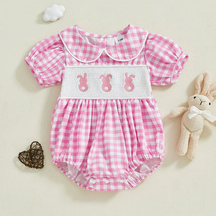FOCUSNORM 2 Colors Lovely Baby Girls Boys Easter Romper Short Sleeve Doll Collar Bunny Embroidery Smocked Bodysuit Outfit