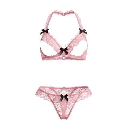 2pcs T-pant Lace Ruffle Lingerie Set bikini open cup bra sexy Crotchless underwear Halter lingerie erotic Halter Neck Bra