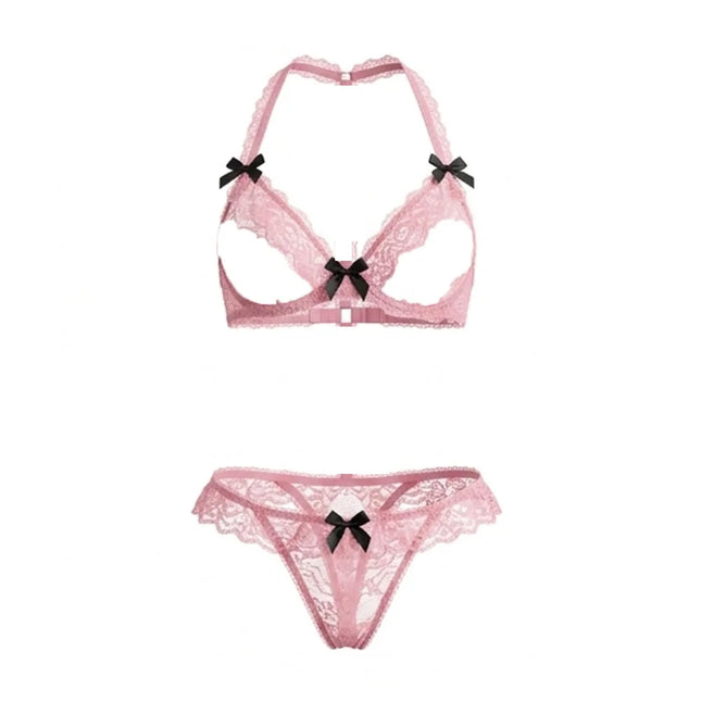 2pcs T-pant Lace Ruffle Lingerie Set bikini open cup bra sexy Crotchless underwear Halter lingerie erotic Halter Neck Bra