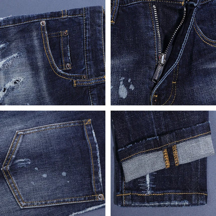 Fashionable Men's Deep Blue Jeans with Scratches, Washed Water, Nostalgic Stretch, Slim Fit, Painted Jeans, Designer High Street