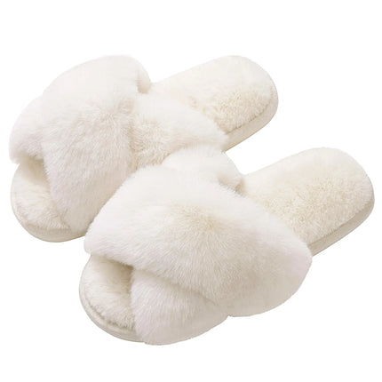 Evshine Women Fuzzy Slippers Fashion Cross Band Memory Foam House Slippers Indoor Outdoor Open Toe Plush Slides Casual Flat Shoe
