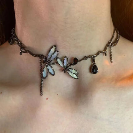 Sweet Cool Gun Black Fantasy Dragonfly Necklace for Women Gothic Black Tassels Choker Niche High-End Clavicle Chain Jewelry