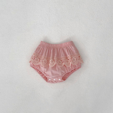 New Summer Baby Girl Round Neck Sleeveless Lace Splicing Top+Clear Color Bag Pants 2-piece Set
