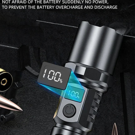High Power Led Flashlight Type C Rechargeable Flashlights Digital Display Zoom Hand Light For Camping,Outdoor And Emergency