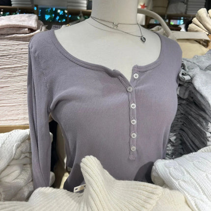 Six Buttons Ribbed Long Sleeve T-shirts Women Spring Round Neck Cotton Slim Tee Top Female Sweet Cute Pink Tshirt Y2k Tops New