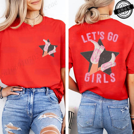 Lets Go Girls Shirt,Country Girl T-Shirts,Western Pink Tee Tops,Girls Party Women's T-Shirts,Summer Harajuku Women T-Shirt Tops