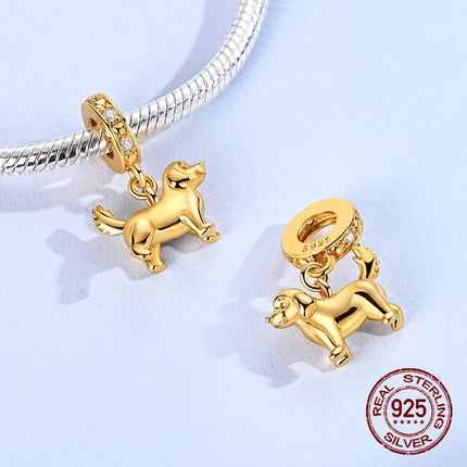 Hot Sale Dachshund Charms 925 Sterling Silver Golden Retriever Puppy Dangle Pendant Fit Bangle Bracelet Necklace DIY Jewelry