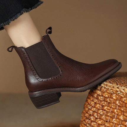Krazing Pot Big Size 34-43 Cow Leather Round Toe High Heels Retro Modern Chelsea Boots Warm Winter Shoes Motorcycles Ankle Boots