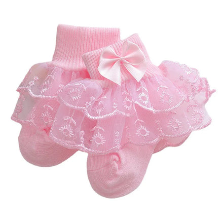 Infant Baby Girls Ruffle Lace Socks Super Soft Ankle Socks Princess Dress Socks With Bow 0 to 2 Years